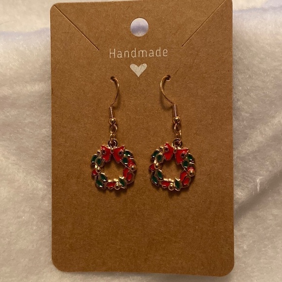Christmas Wreath Earrings  Red Bow - Picture 2 of 4